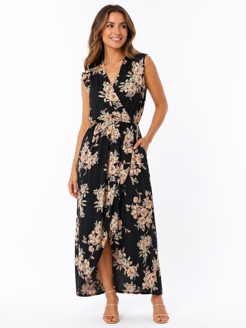 ASTR The Label Floral Faux-Wrap Maxi Dress Sleeveless V-Neck Boho Romantic L